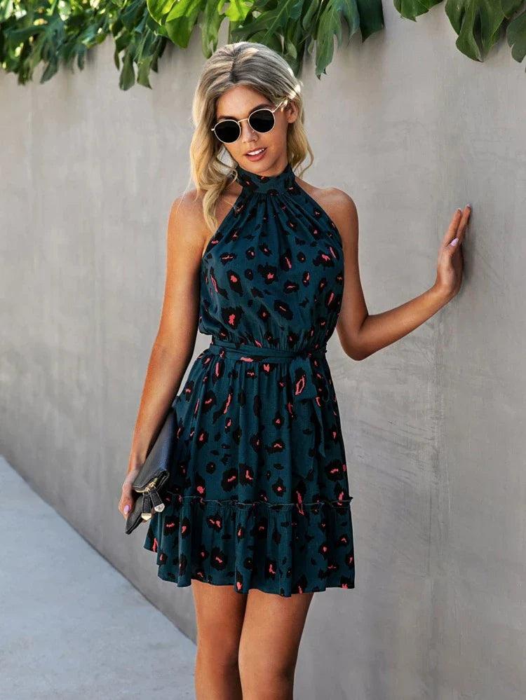 Halter belted ruffle hem leopard print dress without belt - Styledd by L&M