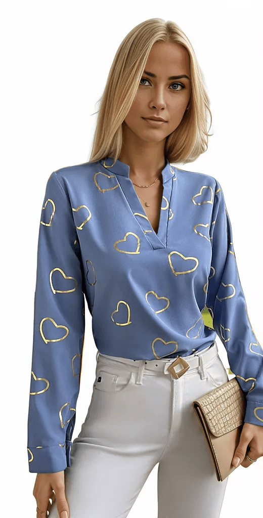 Heart Print Notched Neck Blouse - Styledd by L&M