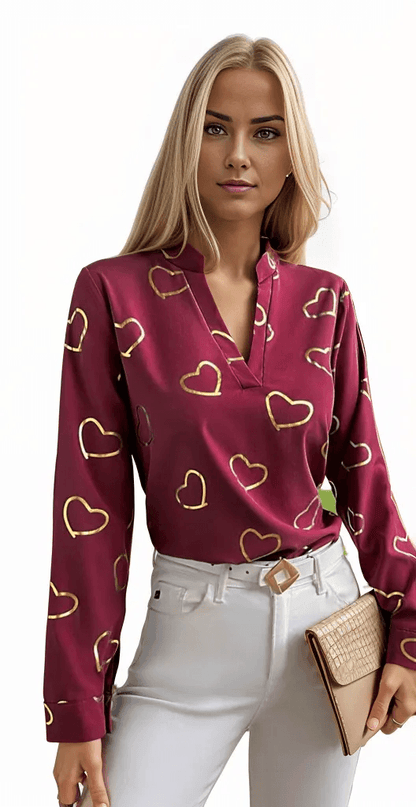 Heart Print Notched Neck Blouse - Styledd by L&M