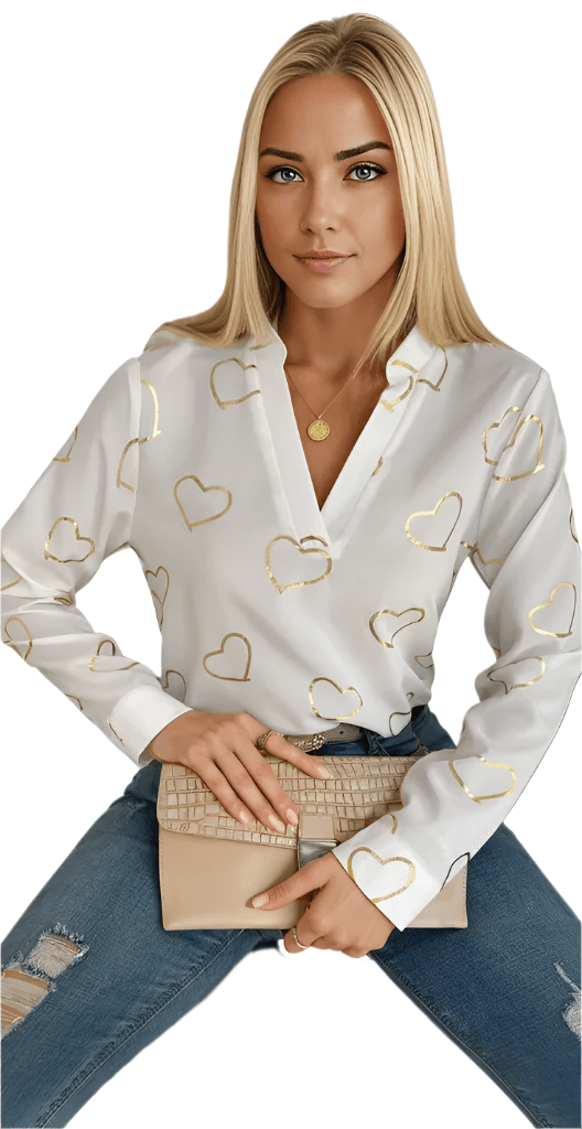 Heart Print Notched Neck Blouse - Styledd by L&M