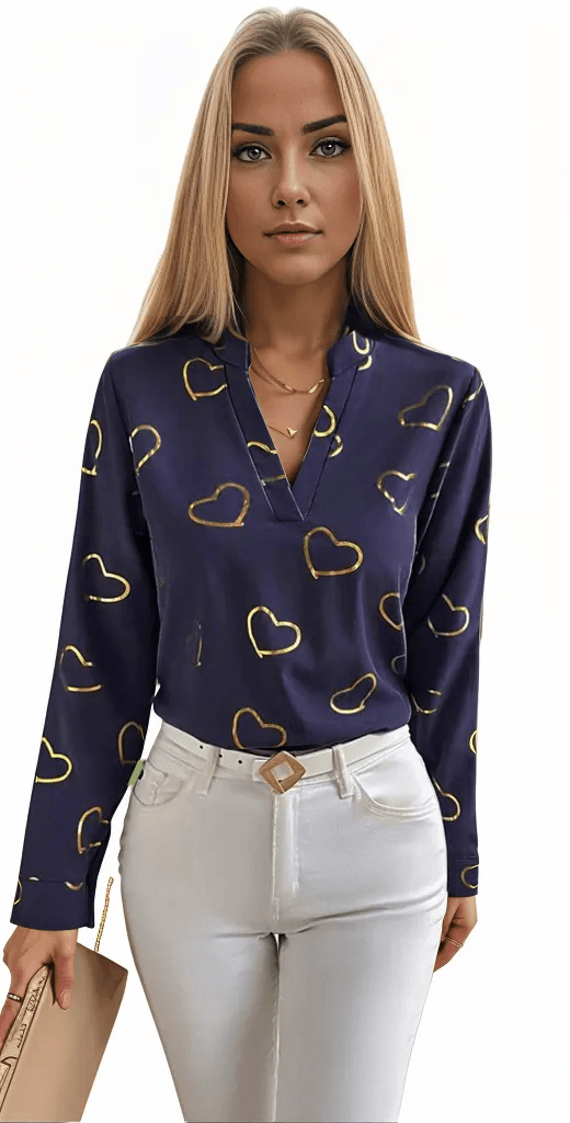 Heart Print Notched Neck Blouse - Styledd by L&M