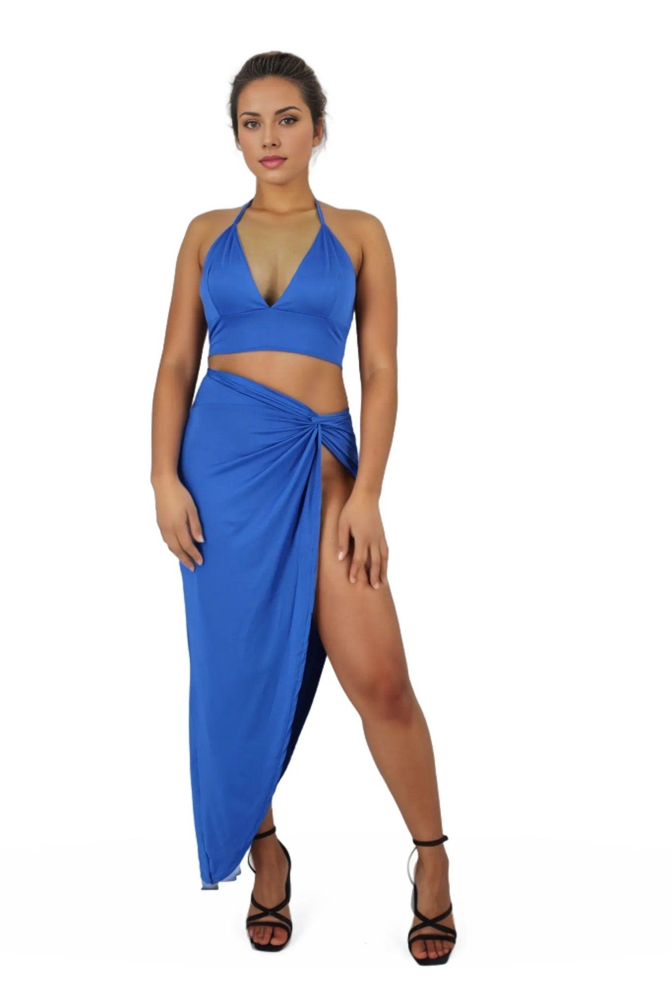 High Slit Knot Maxi Skirt With Tie Back Crop Top Set - Styledd by L&M