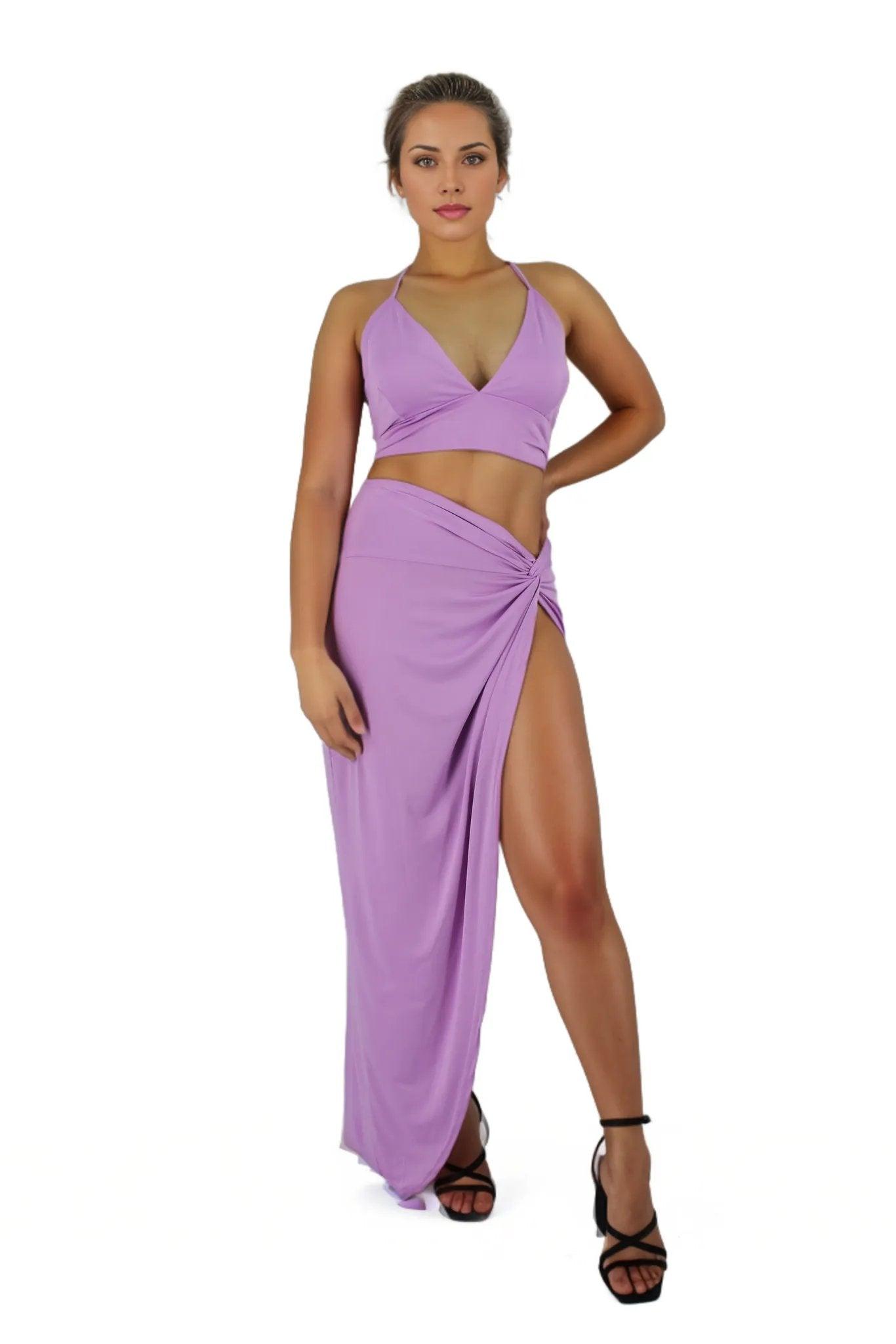 High Slit Knot Maxi Skirt With Tie Back Crop Top Set - Styledd by L&M