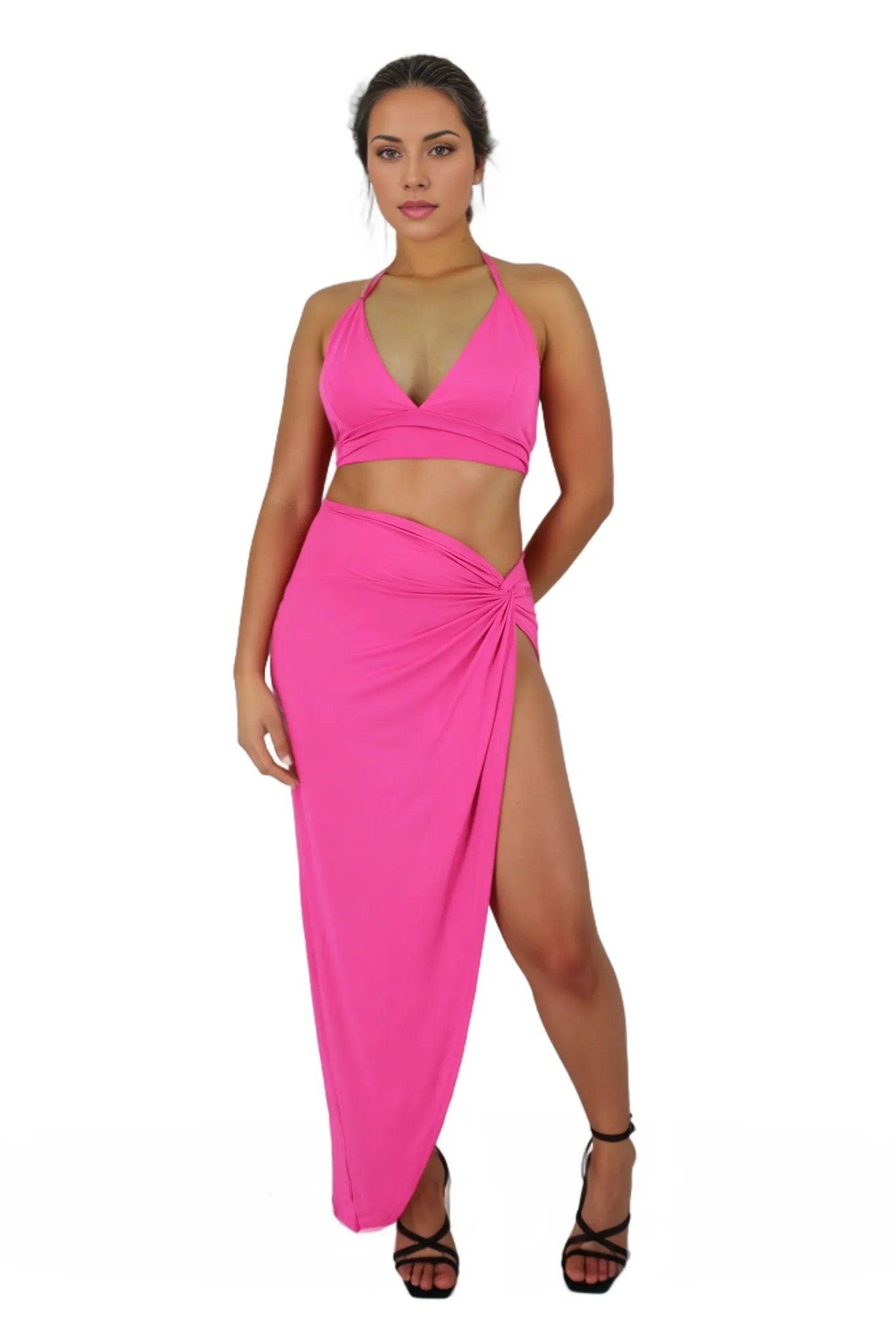 High Slit Knot Maxi Skirt With Tie Back Crop Top Set - Styledd by L&M