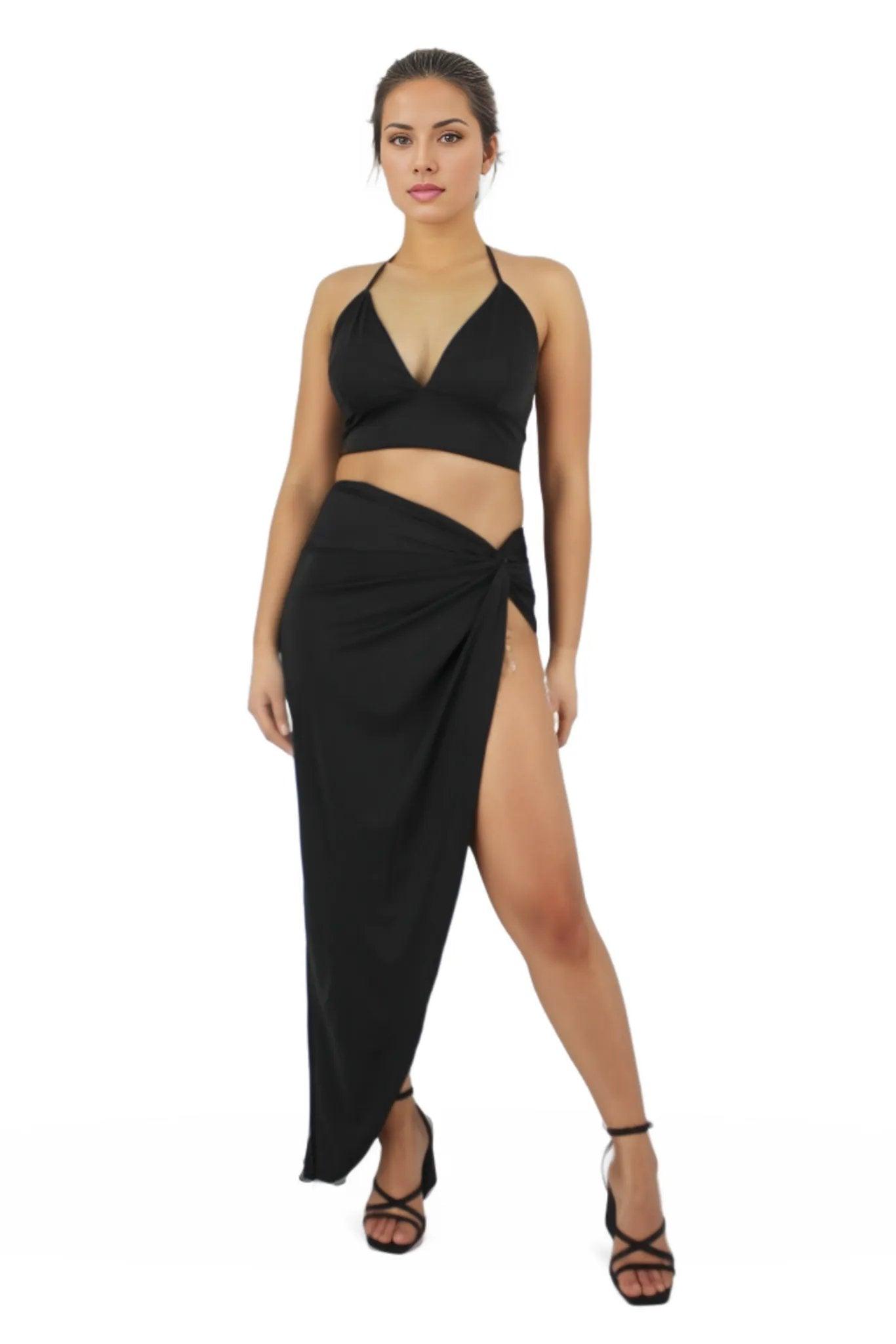 High Slit Knot Maxi Skirt With Tie Back Crop Top Set - Styledd by L&M