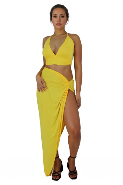 High Slit Knot Maxi Skirt With Tie Back Crop Top Set - Styledd by L&M