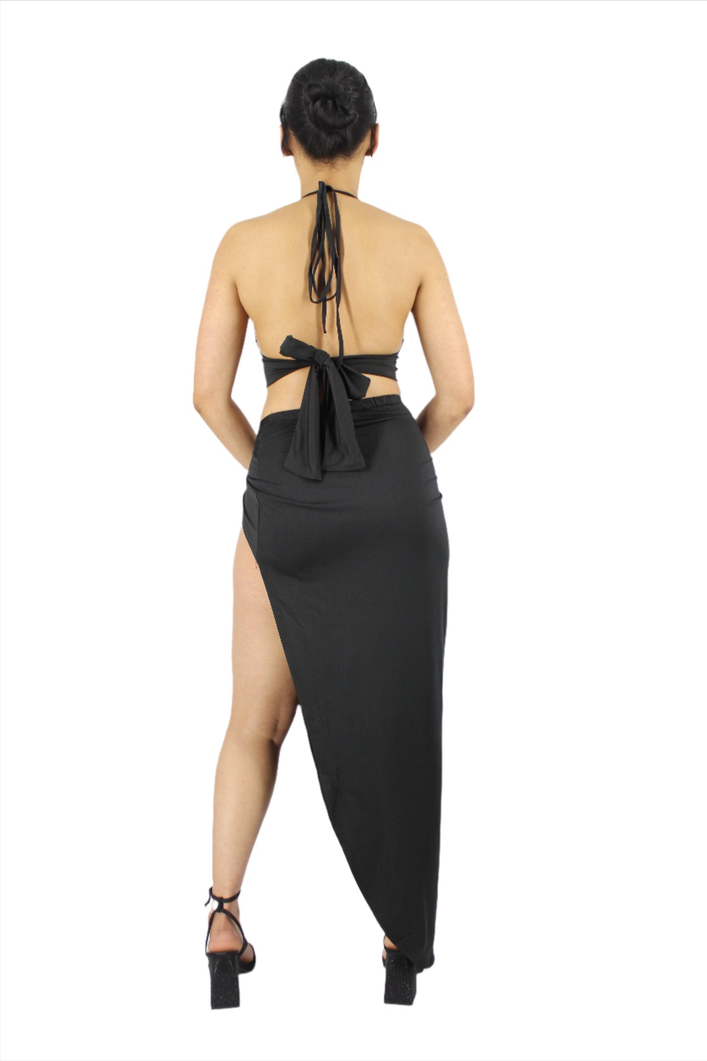 High Slit Knot Maxi Skirt With Tie Back Crop Top Set - Styledd by L&M