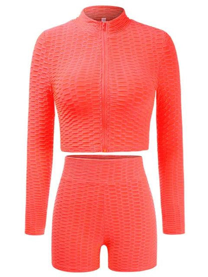 Honeycomb textured zipper crop jacket and shorts - Styledd by L&M