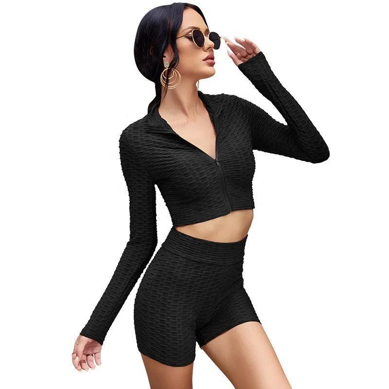 Honeycomb textured zipper crop jacket and shorts - Styledd by L&M