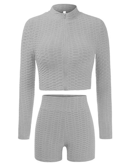 Honeycomb textured zipper crop jacket and shorts - Styledd by L&M