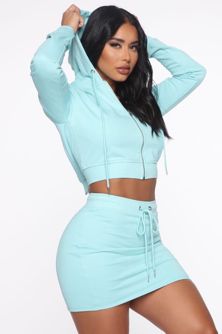 Hooded Zipper Blue Two Piece Skirt Set - Styledd by L&M