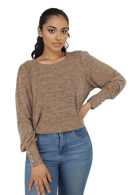 Square Neck Bishop Sleeve Sweater Top - Styledd by L&M