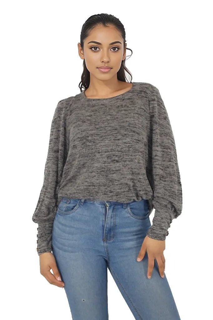 Square Neck Bishop Sleeve Sweater Top - Styledd by L&M