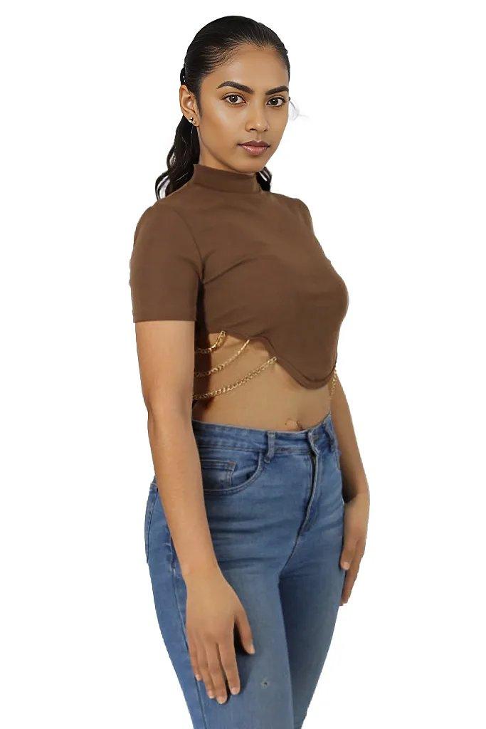 Asymmetrical Chain Detailed Turtle Neck Cropped Top - Styledd by L&M