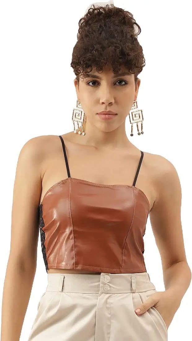 Lace Pleather Spaghetti Strap Crop Top - Styledd by L&M