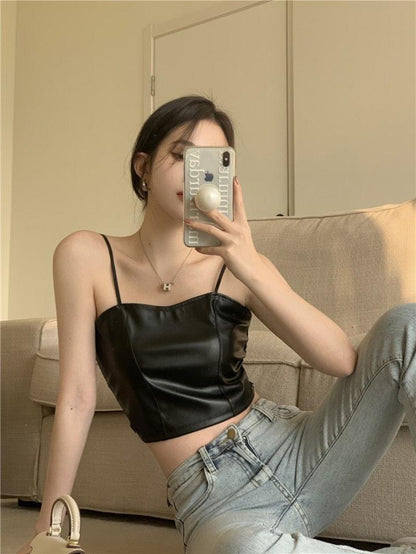 Lace Pleather Spaghetti Strap Crop Top - Styledd by L&M