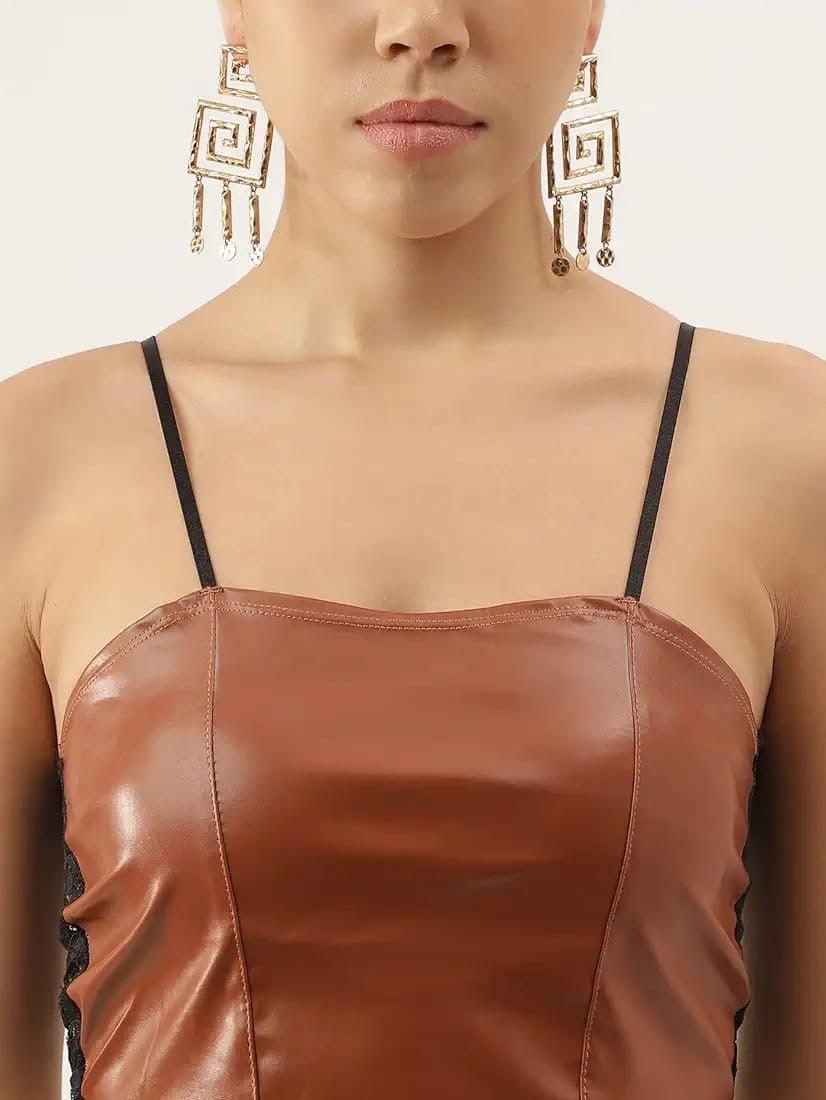 Lace Pleather Spaghetti Strap Crop Top - Styledd by L&M