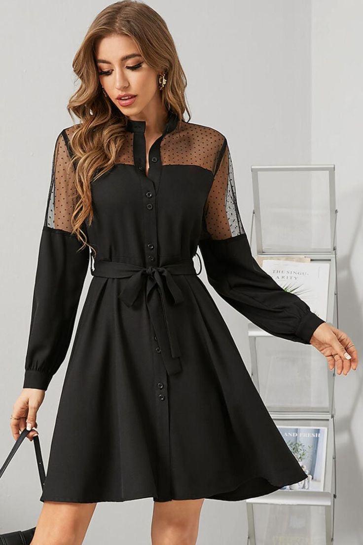 Lace Stitching Lantern Sleeve Dress with Belt - Styledd by L&M