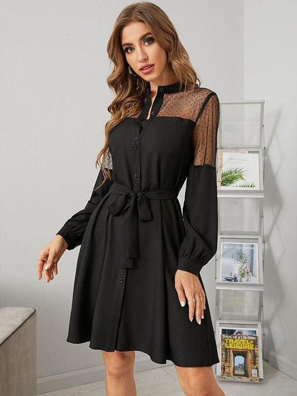 Lace Stitching Lantern Sleeve Dress with Belt - Styledd by L&M