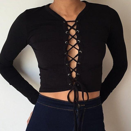 Lace Up Ribbed Knitted Crop Top - Styledd by L&M