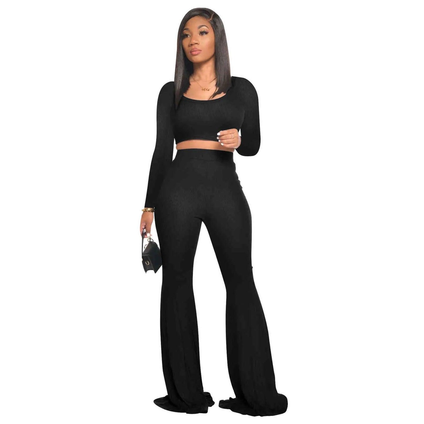 Long Sleeve Crop Top Jogger Flare Pants Outfit Set - Styledd by L&M