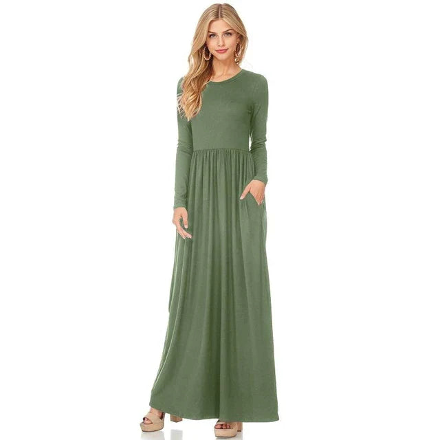 Long Sleeve Pocket Floor Length Summer Dress - Styledd by L&M