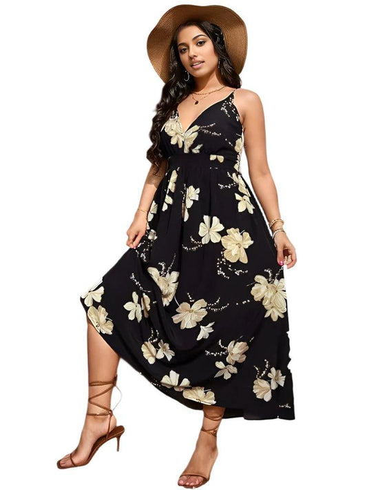 Low V Neck Spaghetti Strap Maxi Floral Dress - Styledd by L&M