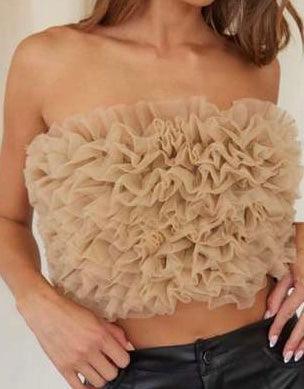 Mesh Ruffle Trim Crop Tube Top - Styledd by L&M