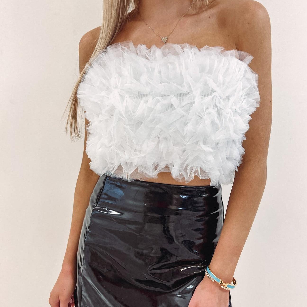 Mesh Ruffle Trim Crop Tube Top - Styledd by L&M