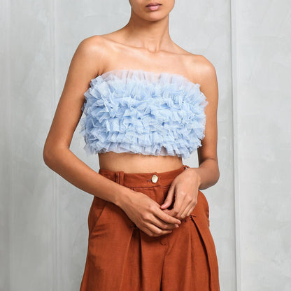 Mesh Ruffle Trim Crop Tube Top - Styledd by L&M