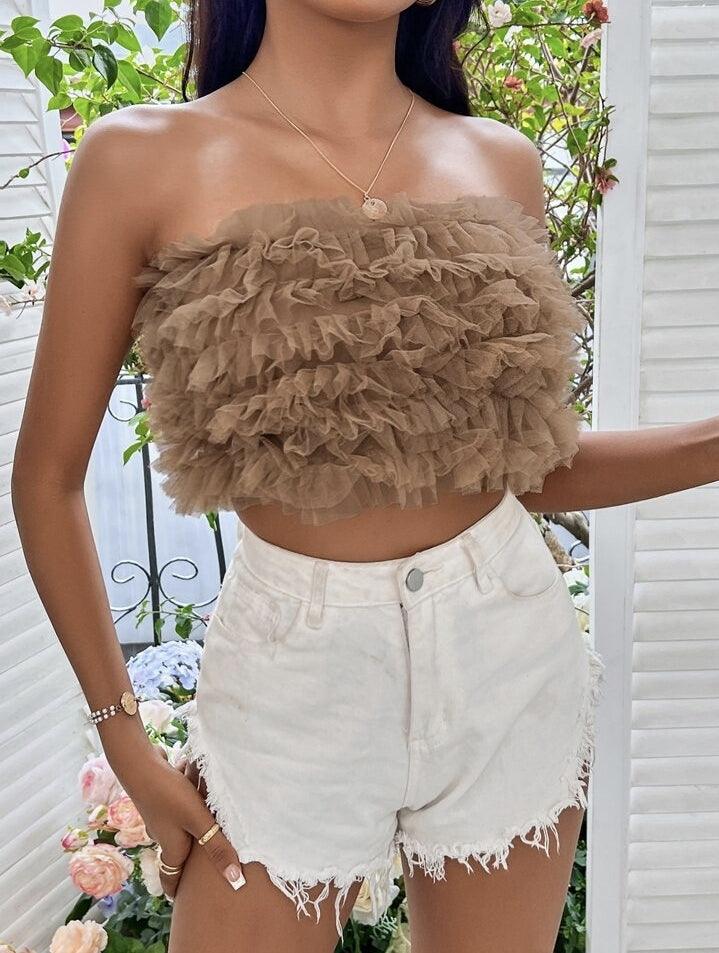 Mesh Ruffle Trim Crop Tube Top - Styledd by L&M