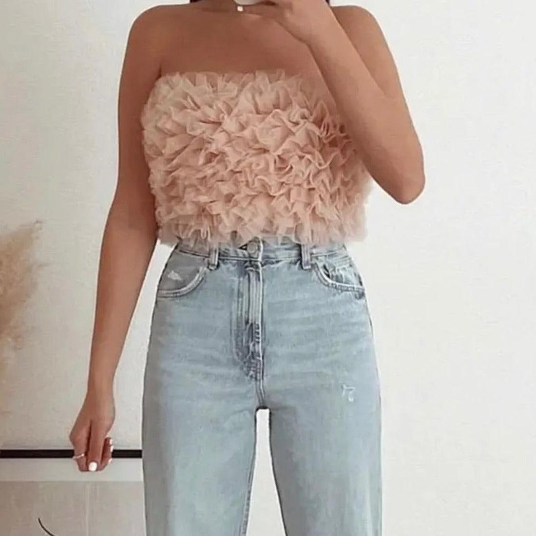 Mesh Ruffle Trim Crop Tube Top - Styledd by L&M