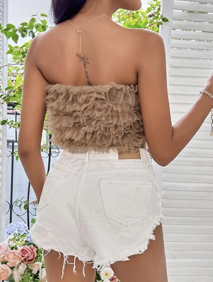 Mesh Ruffle Trim Crop Tube Top - Styledd by L&M