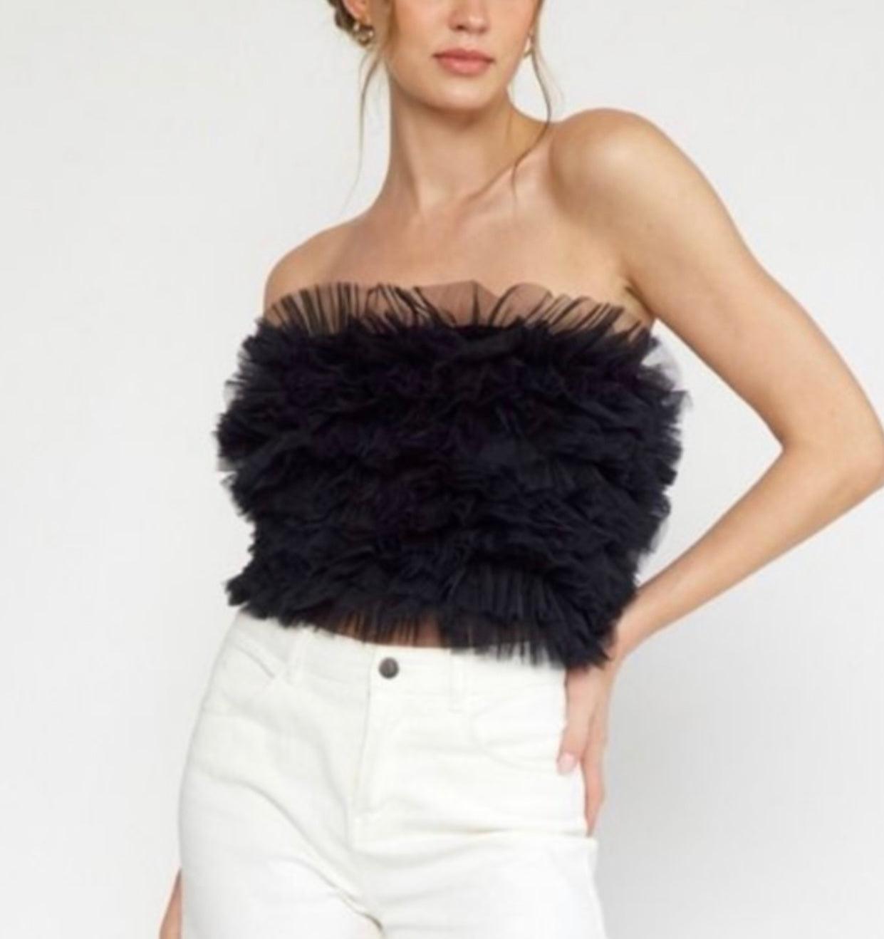 Mesh Ruffle Trim Crop Tube Top - Styledd by L&M