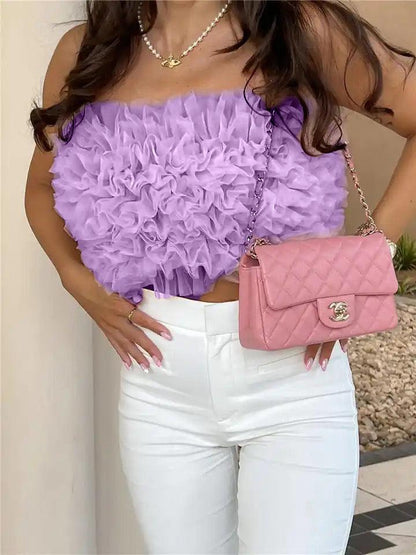 Mesh Ruffle Trim Crop Tube Top - Styledd by L&M