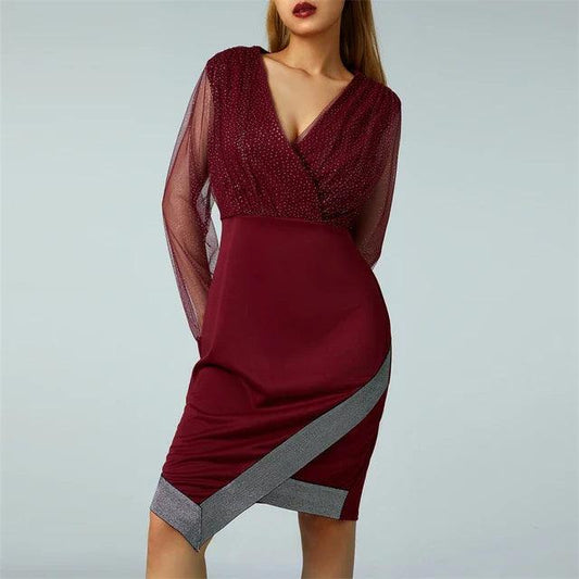 Mesh Sleeve V Neck Glitter Mini Dress - Styledd by L&M