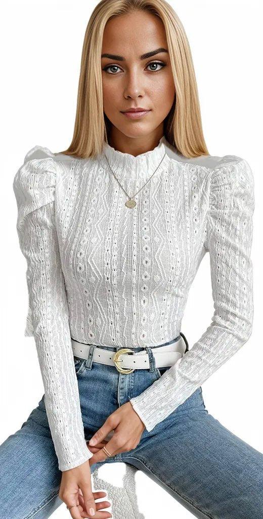 Mock Neck Gigot Sleeve Lace Thin Bodysuit - Styledd by L&M