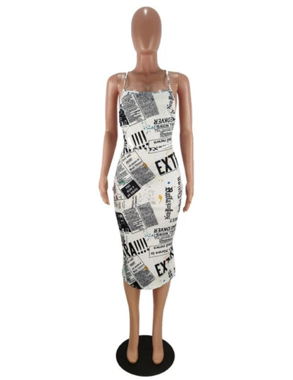 Newspaper Letter Print Bodycon Midi Dress - Styledd by L&M