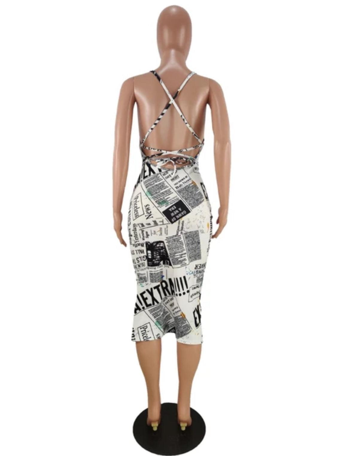 Newspaper Letter Print Bodycon Midi Dress - Styledd by L&M