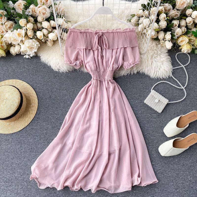 Off Shoulder Chiffon Dress Fairy Sweet Pleated Midi Dress - Styledd by L&M