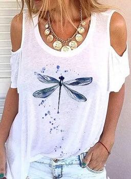 Off-Shoulder Dragonfly Printed T-Shirt - Styledd by L&M