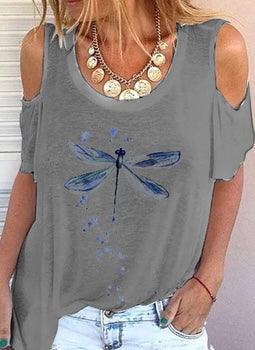 Off-Shoulder Dragonfly Printed T-Shirt - Styledd by L&M