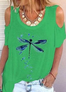 Off-Shoulder Dragonfly Printed T-Shirt - Styledd by L&M