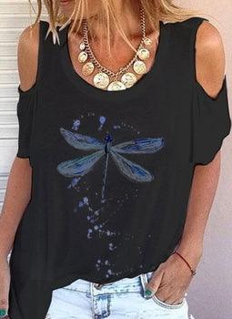 Off-Shoulder Dragonfly Printed T-Shirt - Styledd by L&M