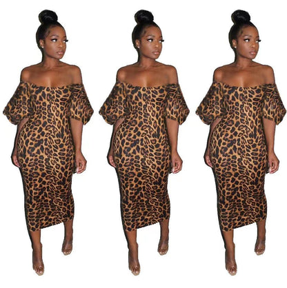 Off Shoulder Leopard Printed Pencil Dress - Styledd by L&M