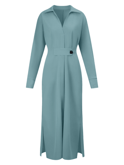 One Button Tie Over Blouse Maxi Slit Dress - Styledd by L&M