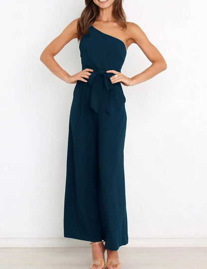 One Shoulder Jumpsuit With Pockets With Belt - Styledd by L&M