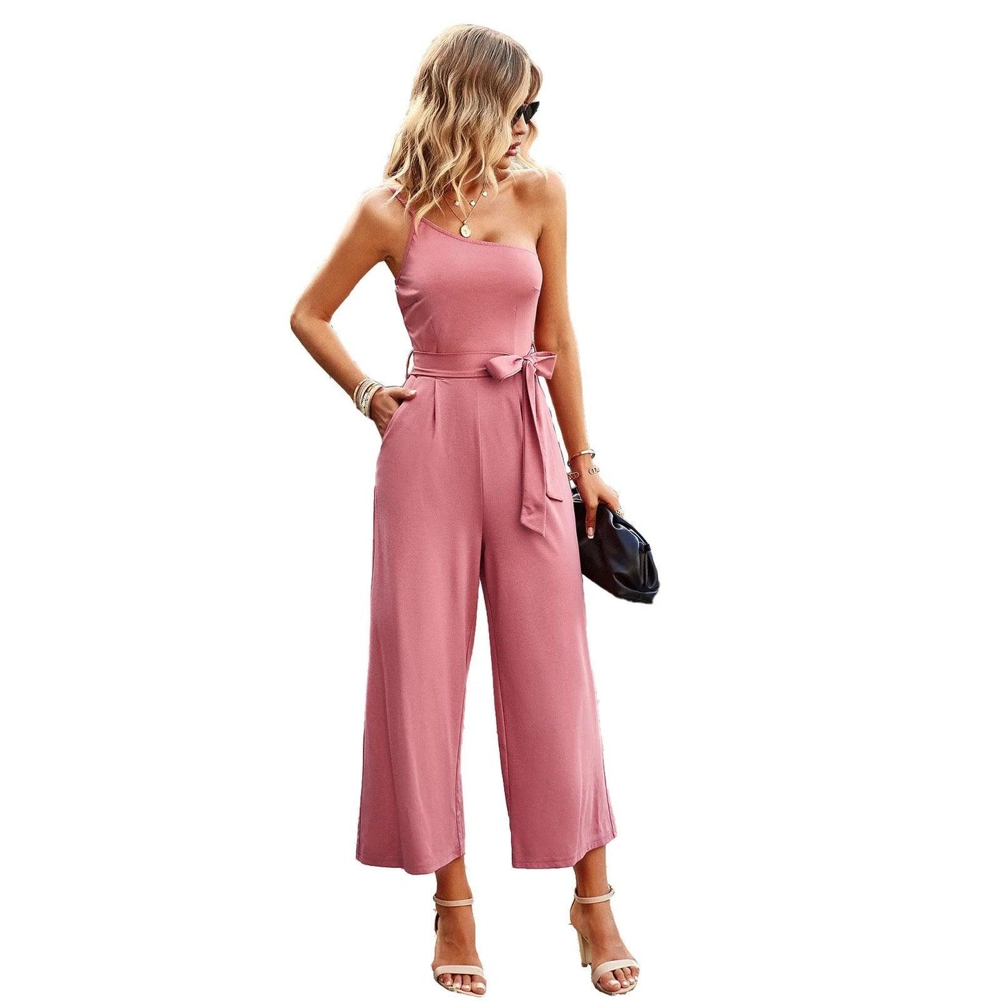 One Shoulder Jumpsuit With Pockets With Belt - Styledd by L&M