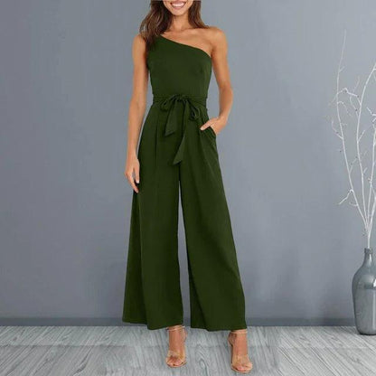 One Shoulder Jumpsuit With Pockets With Belt - Styledd by L&M