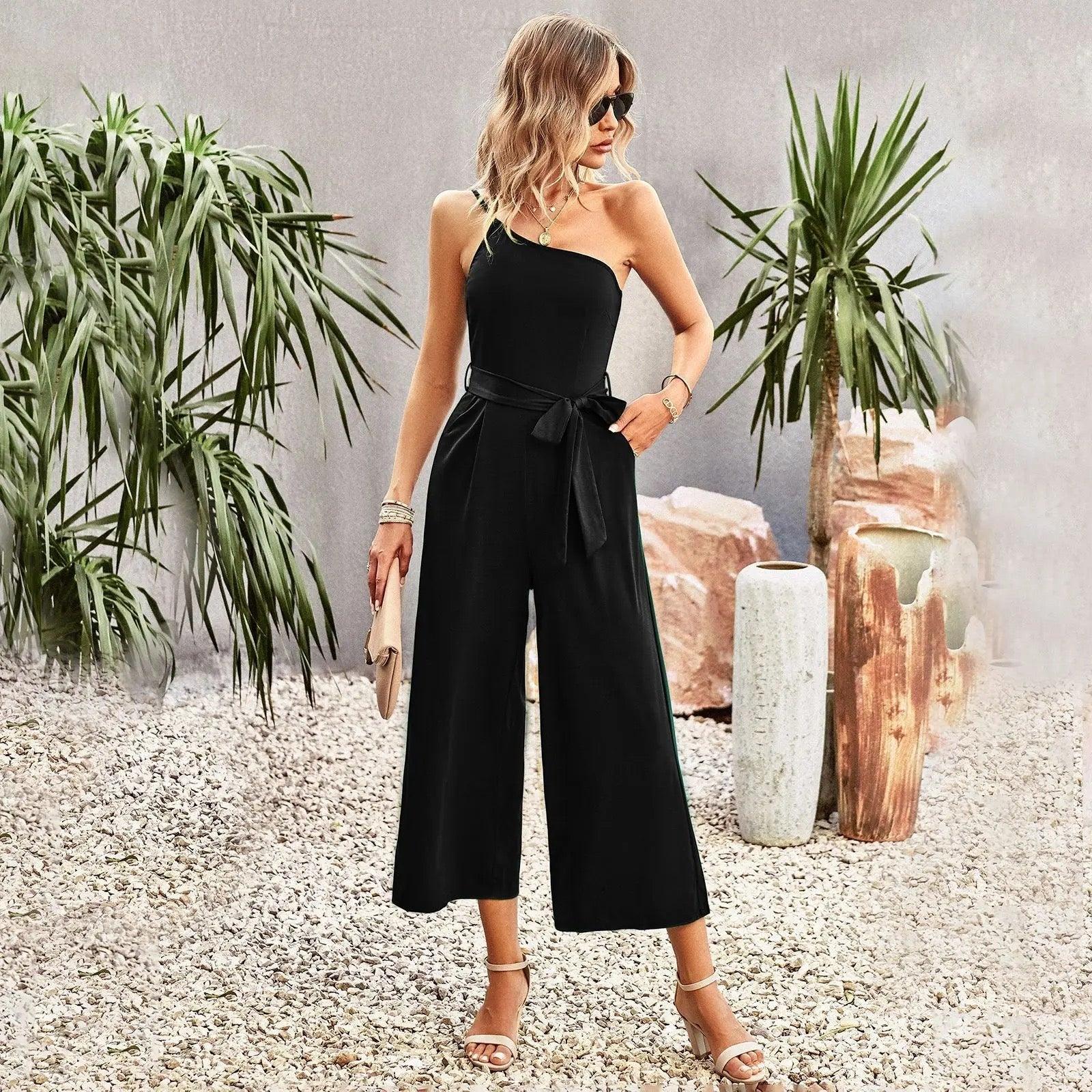 One Shoulder Jumpsuit With Pockets With Belt - Styledd by L&M